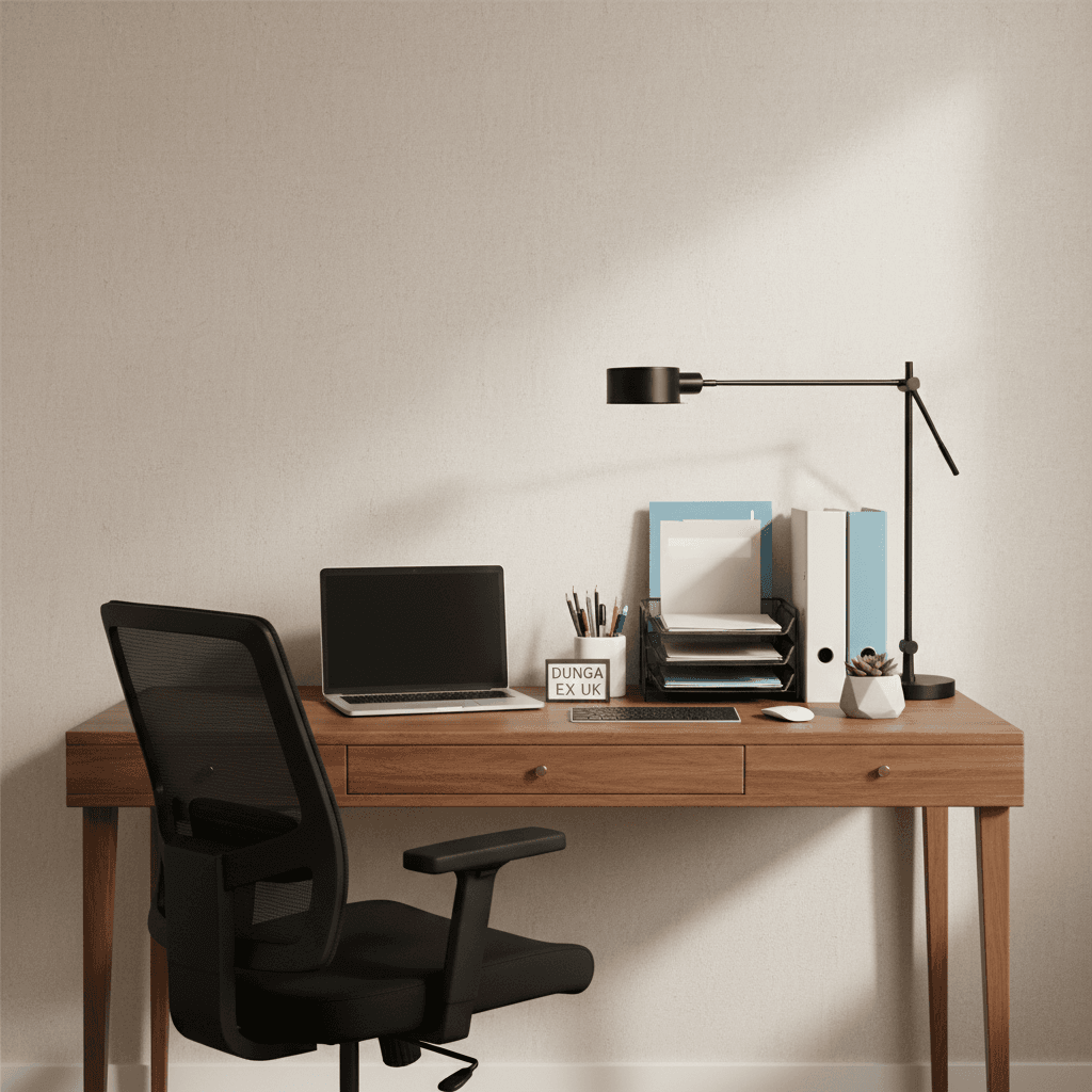 Home office setup with wooden desk, chair, and office supplies