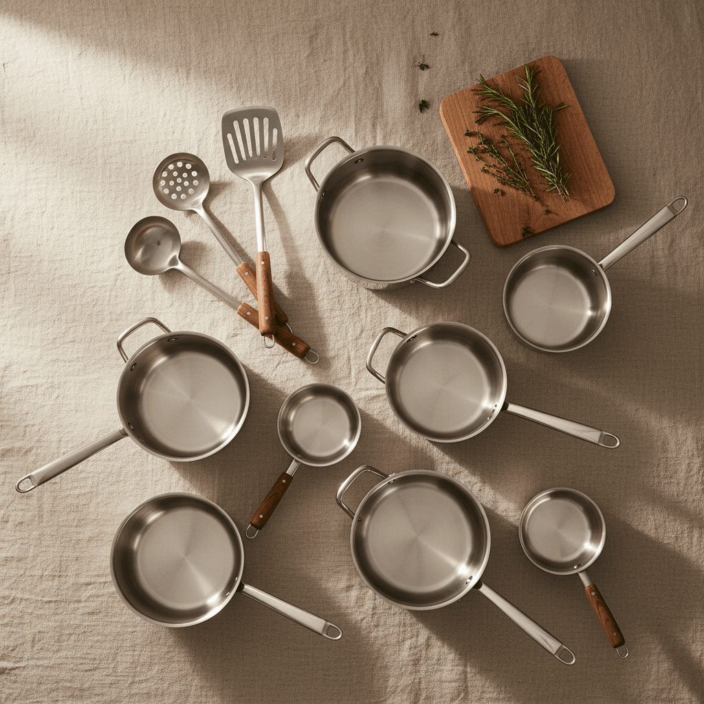 Assorted stainless steel cookware and kitchen utensils