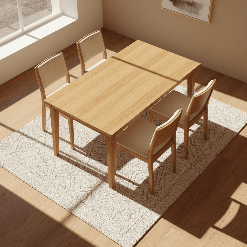 Modern wooden dining table with matching chairs in showroom