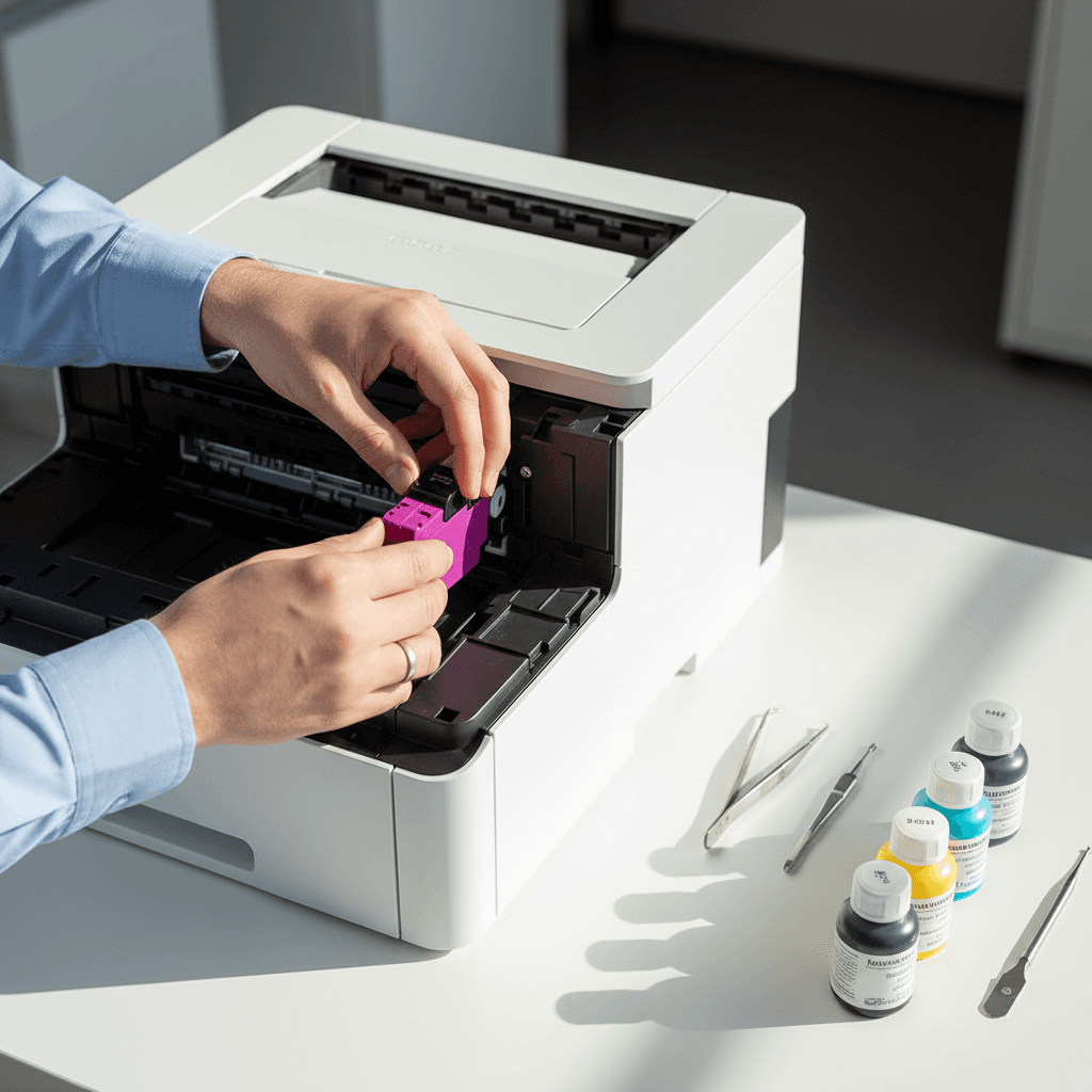 Technician hands installing ink cartridge into office printer with supplies arranged on workspace