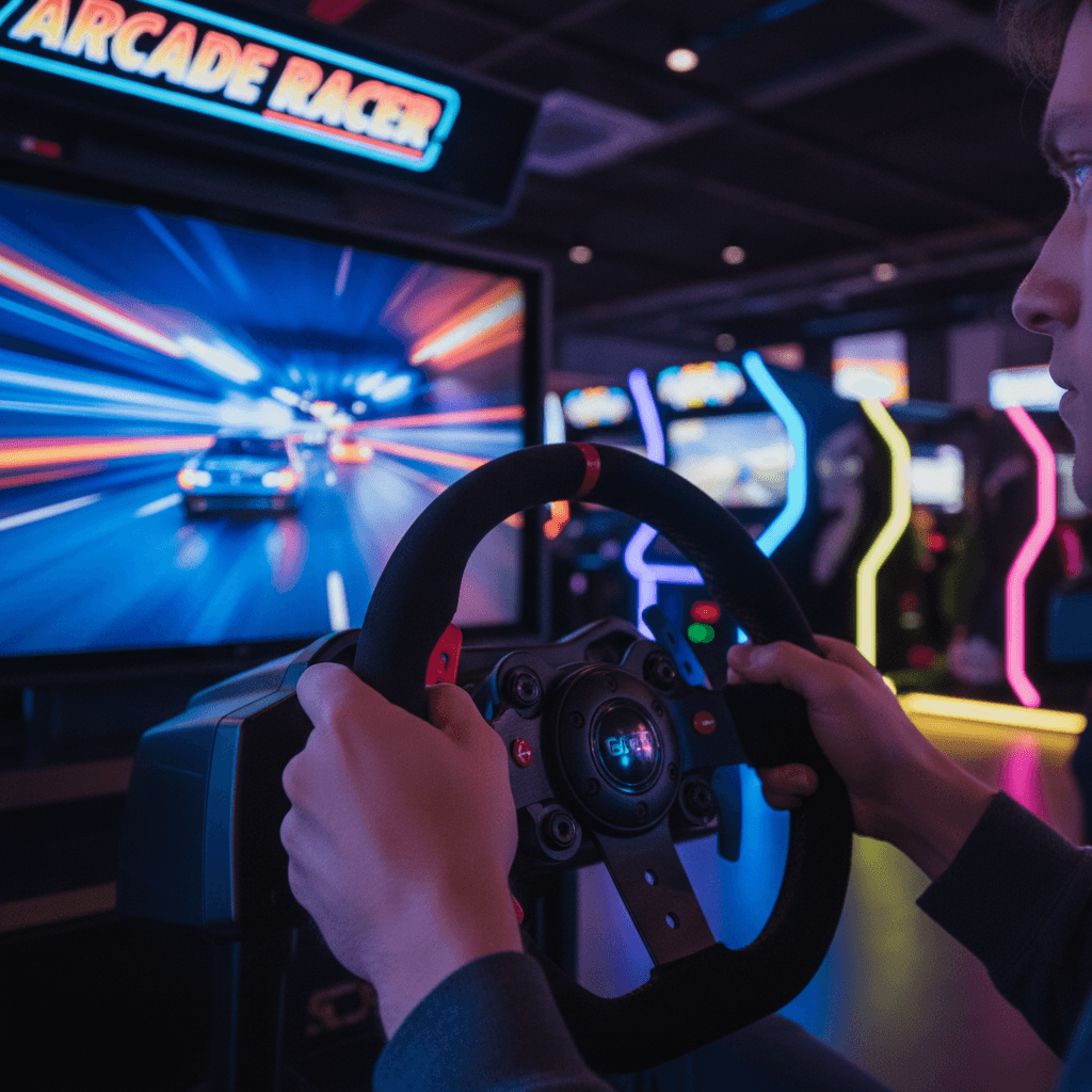 Player's hands gripping racing simulator wheel during intense gameplay with neon-lit arcade environment
