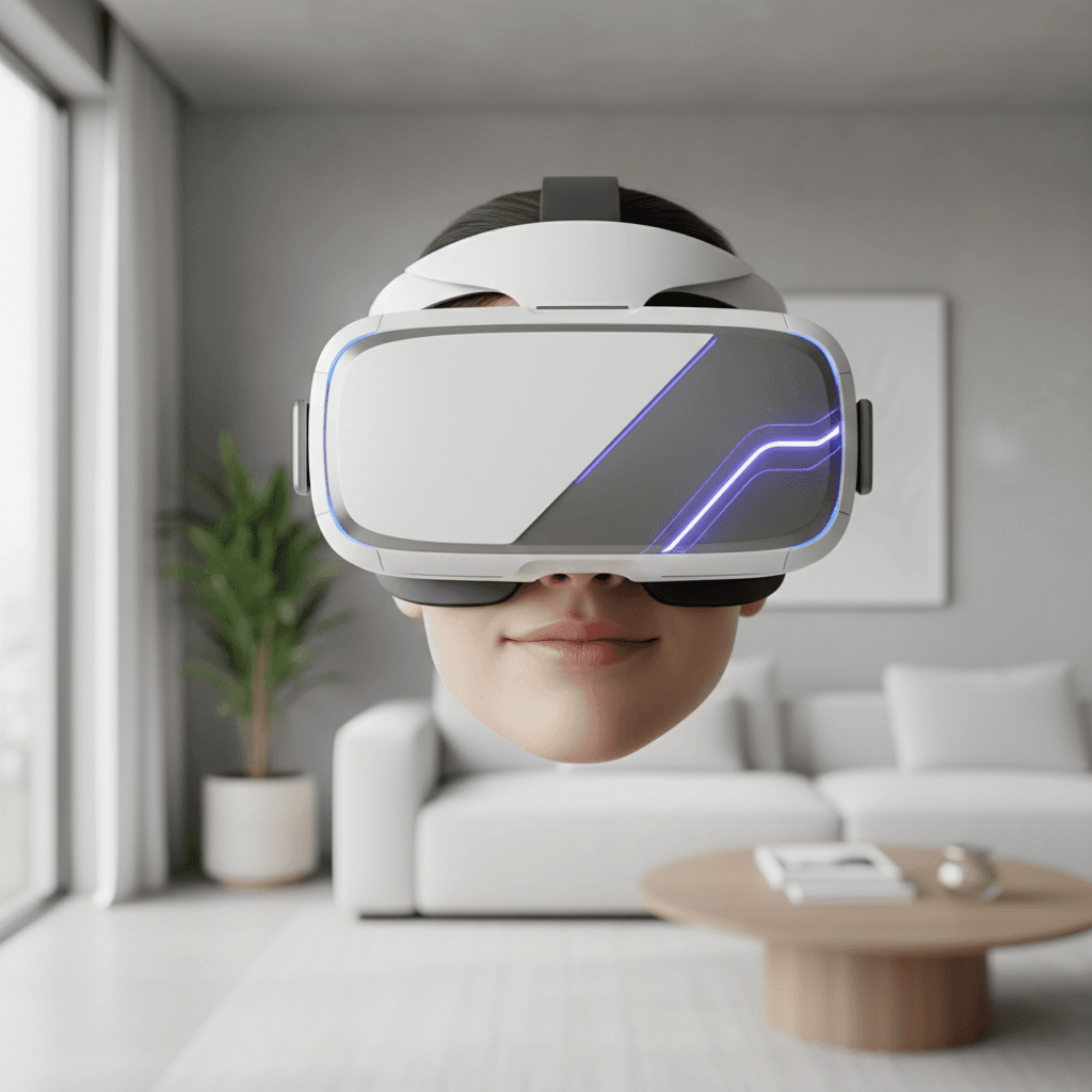 Person wearing VR headset in modern living room, expressing wonder while experiencing immersive virtual content