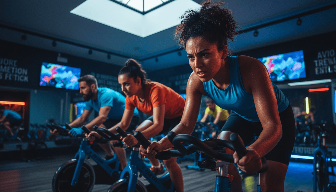 Group of diverse athletes intensely focused during indoor cycling class with motivational lighting and energy