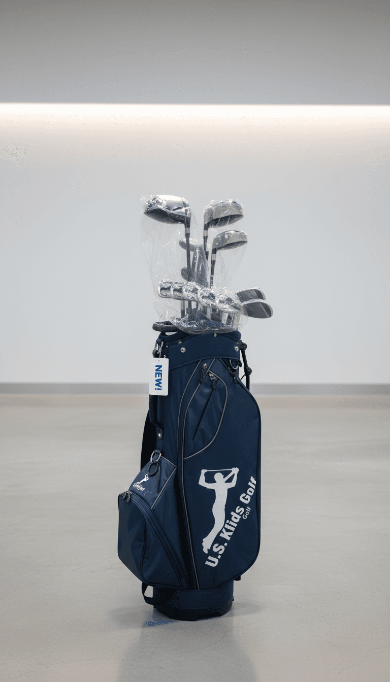 Blue U.S. Kids Golf bag and a bundle of clubs wrapped in plastic film.