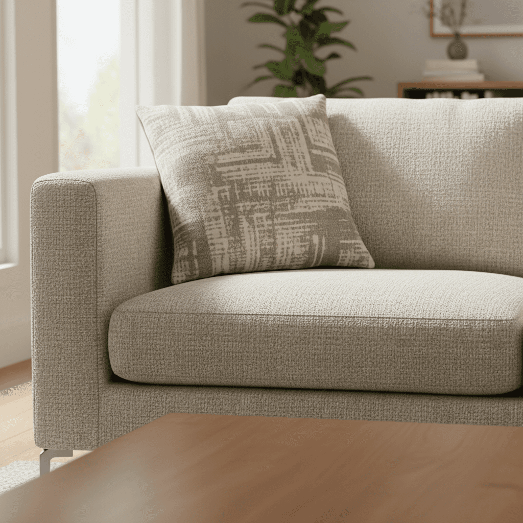 Close-up of cream and gray sectional sofa cushions showing detailed fabric texture and stitching in warm natural light