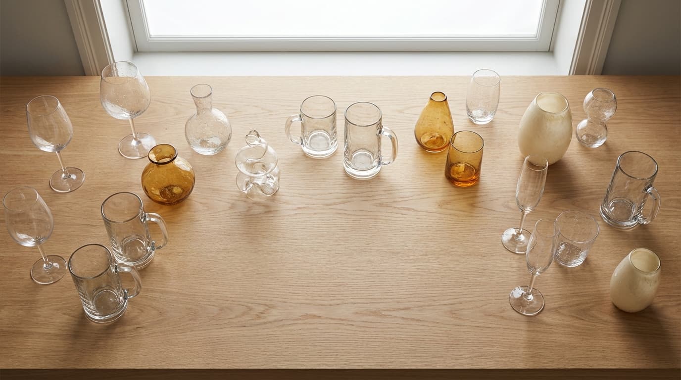 Overhead view of various elegant glass vessels arranged on wooden surface with soft natural light