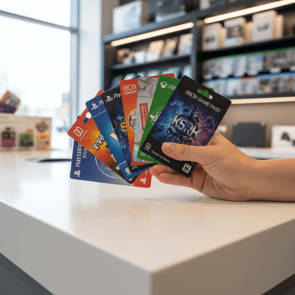 Customer's hands holding fanned gaming gift cards and digital currency cards on modern white retail counter