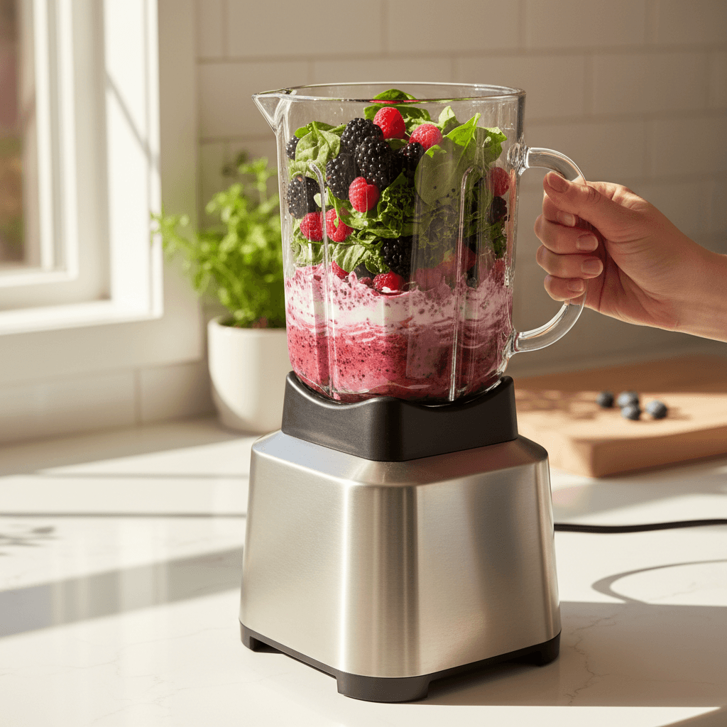 Woman's hands operating stainless steel blender with colorful smoothie ingredients on bright kitchen countertop
