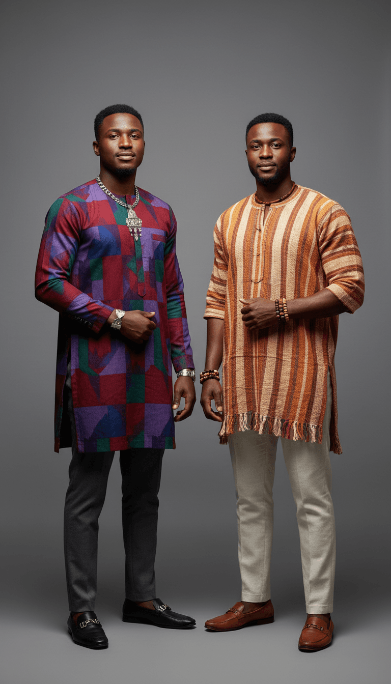 Two men in complementary African menswear, studio lighting, neutral background, confident expressions, cultural pride