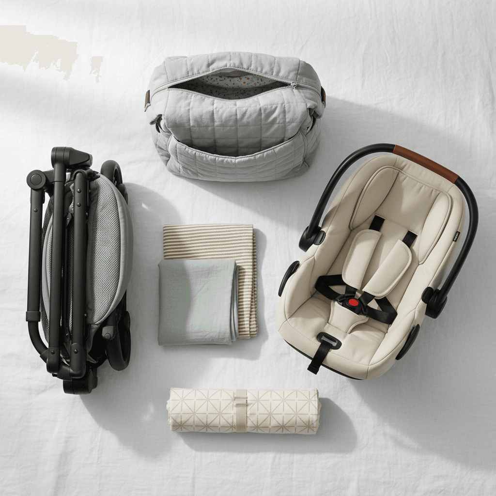 Overhead flat-lay of baby travel essentials including stroller, car seat, diaper bag, and accessories on white linen