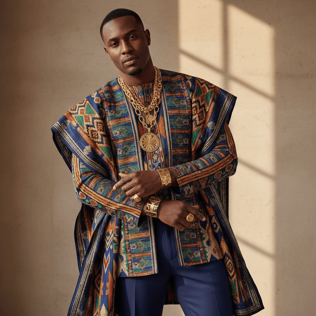 Man wearing tailored African-inspired outfit with geometric patterns and gold jewelry accessories standing in confident, relaxed pose