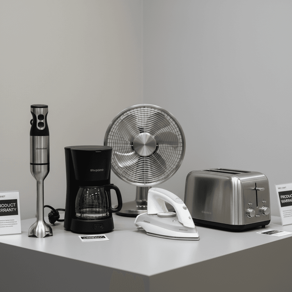 Carefully arranged small appliances including coffee maker, blender, iron, and fan on neutral display surface