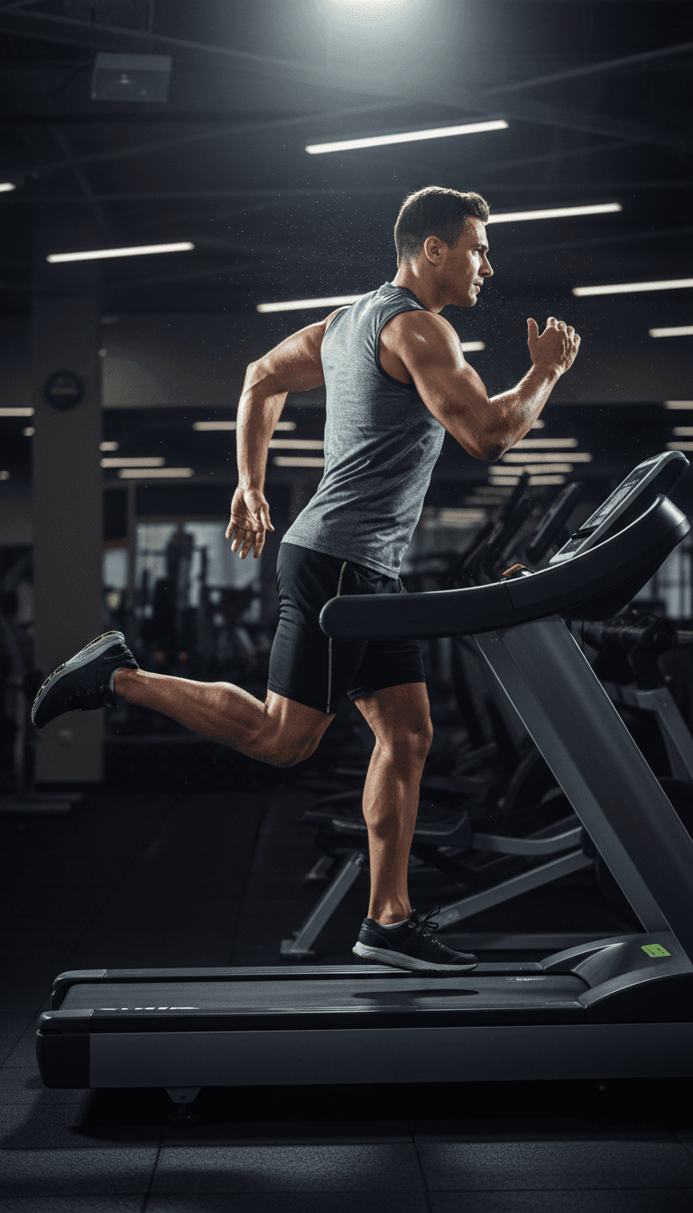 Athlete performing intense cardio sprint on treadmill with concentrated expression and visible muscle engagement