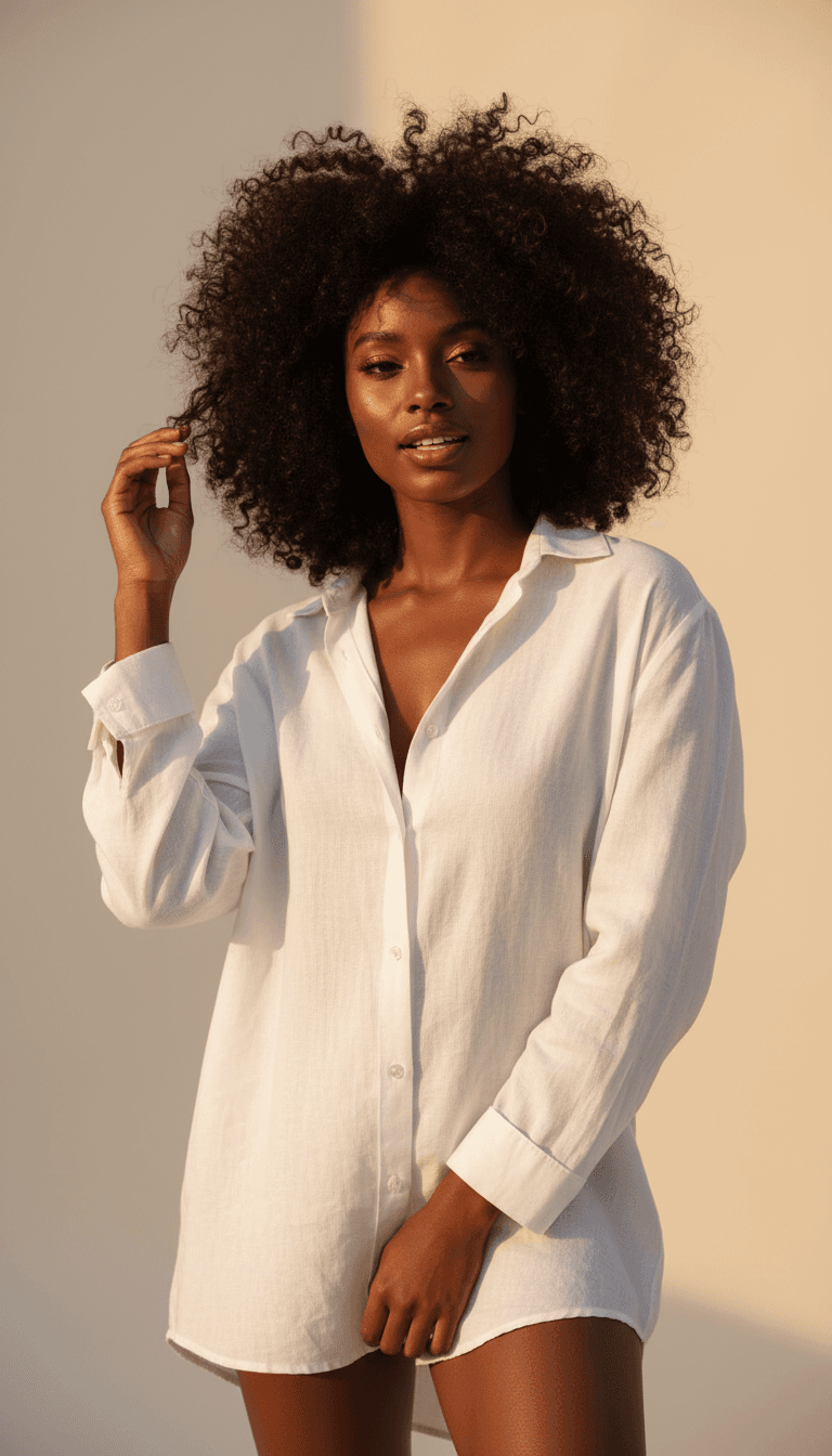 Young woman with voluminous natural hair and warm bronze makeup standing confidently against neutral background