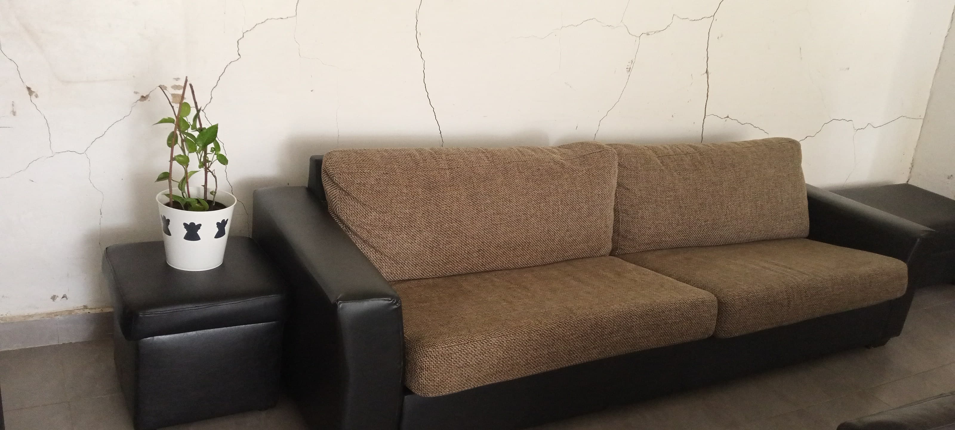 Brown sofa against a cracked white wall with a potted plant on a black ottoman.