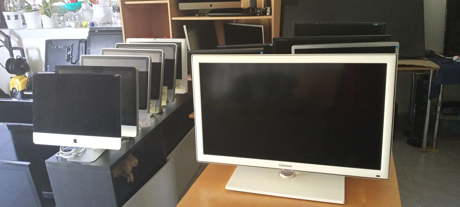 White Samsung monitor in the foreground with several Apple iMacs lined up behind it.